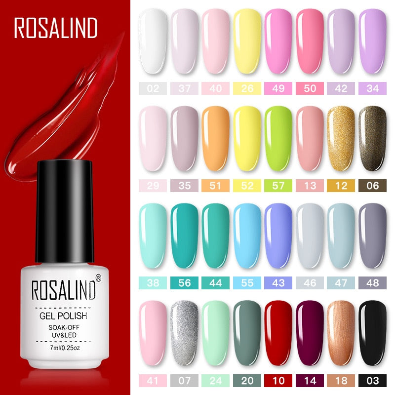 ROSALIND gel polish bottle on dramatic red background with glossy red liquid trail effect