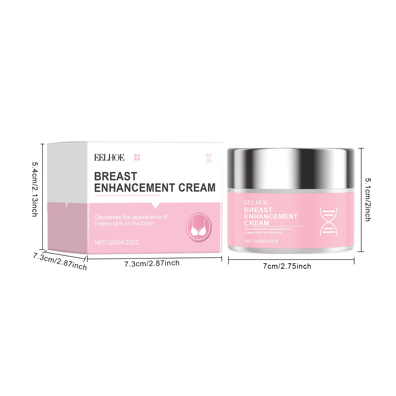Woman wearing supportive bra with descriptive text about cream benefits including elasticity and aging resistance