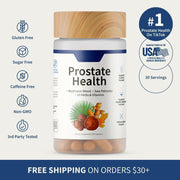 Prostate Health supplement bottle with wood cap, navy band, and visible capsules, surrounded by certifications and TikTok viral badge