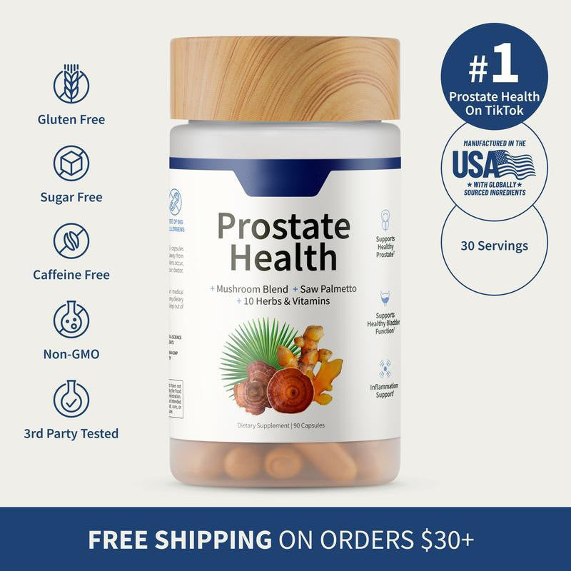 Prostate Health supplement bottle with wood cap, navy band, and visible capsules, surrounded by certifications and TikTok viral badge