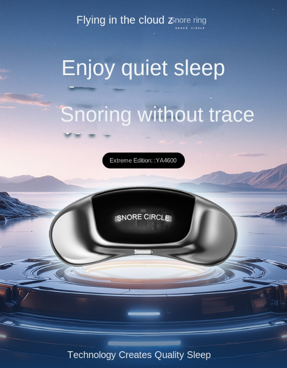 Product floating on serene water landscape with tagline about peaceful sleep and quiet breathing