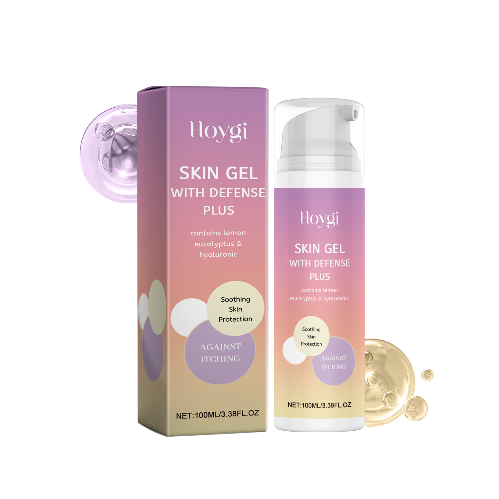 Hoygi Skin Gel with Defense Plus bottle and box with gradient mauve-to-peach ombre packaging, translucent golden gel visible, decorative ingredient droplets