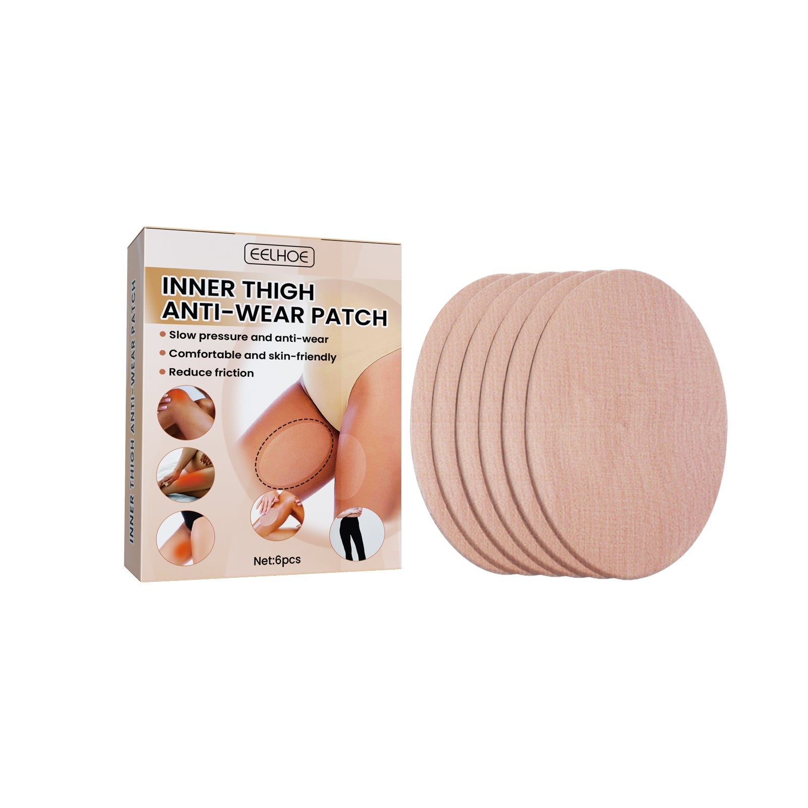 EELHOE Inner Thigh Anti-Wear Patch packaging box next to fanned display of 6 nude-colored adhesive patches