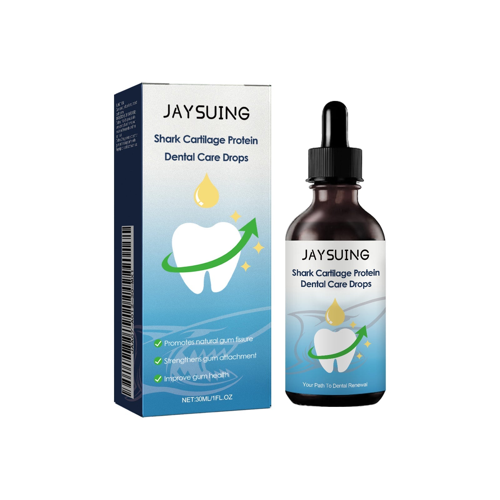 Product shot showing packaging box and glass dropper bottle side-by-side against white background