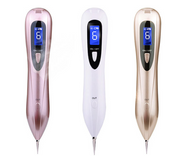 Three laser plasma pens displayed in champagne gold, pearl white, and rose pink metallic finishes with digital LCD screens