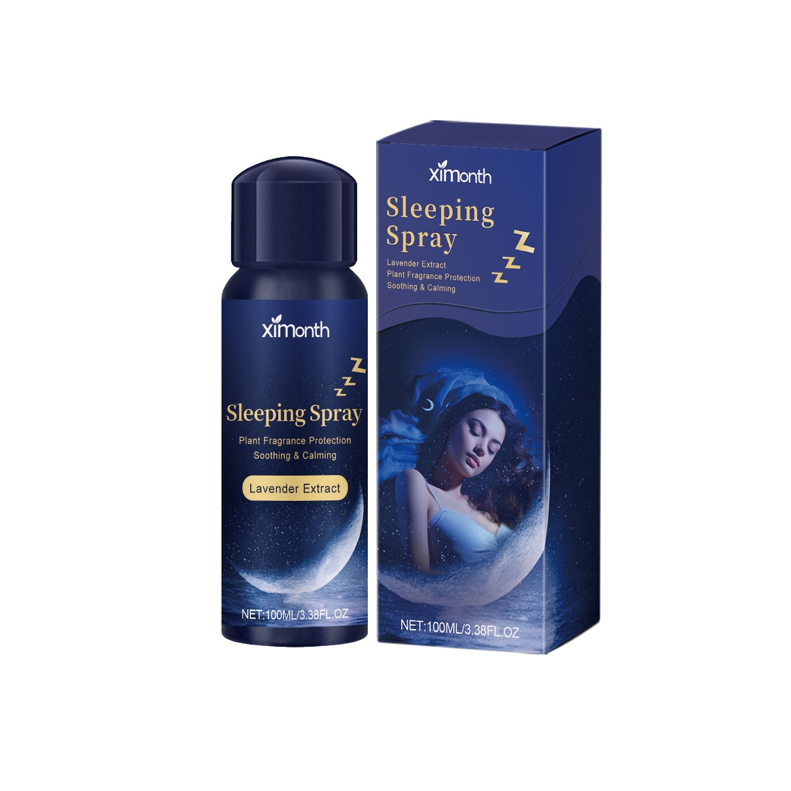 Ximonth Lavender Sleeping Spray bottle and packaging box side by side on white background