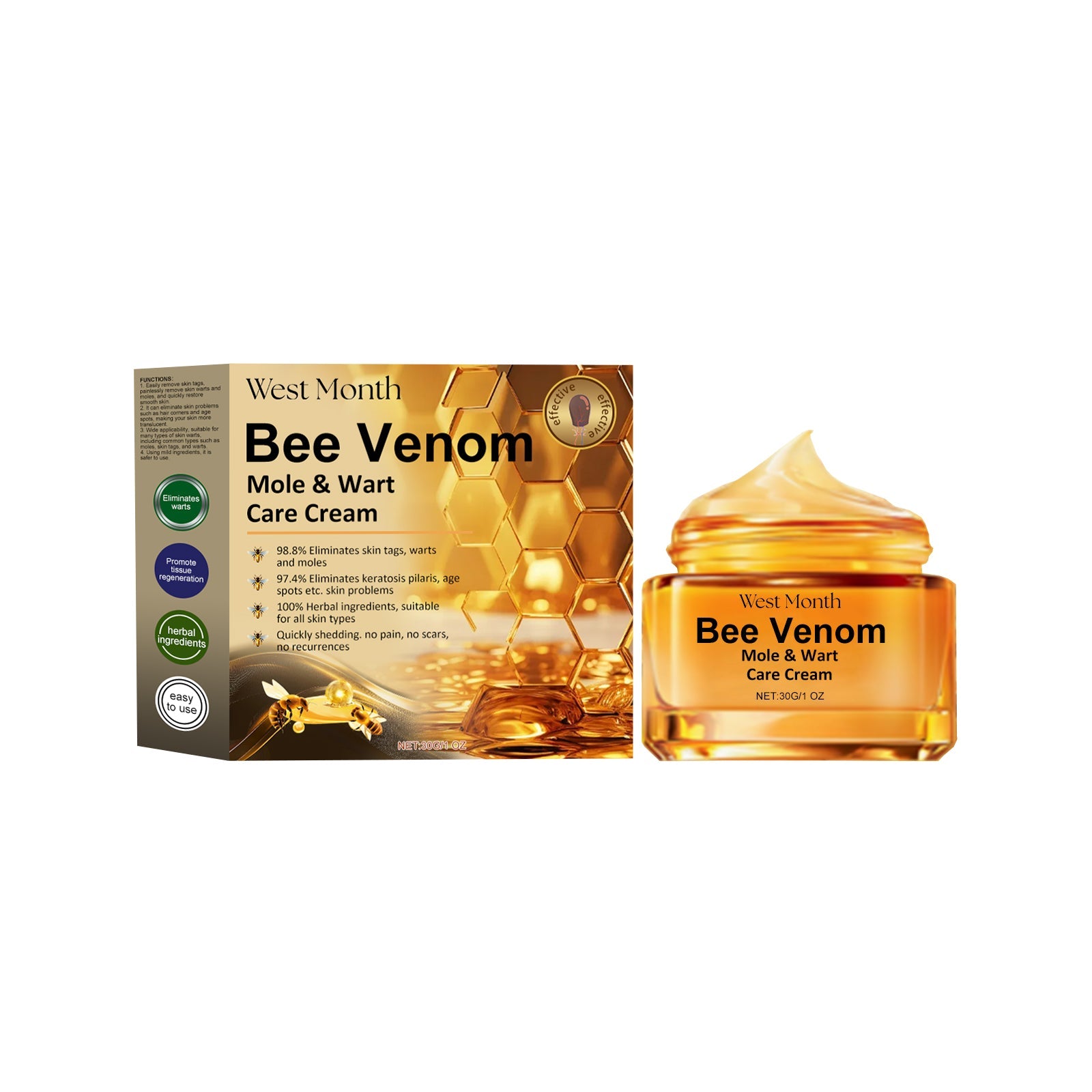 Product packaging and jar displayed side-by-side on white background showing West Month branding, golden honeycomb design, and key claims
