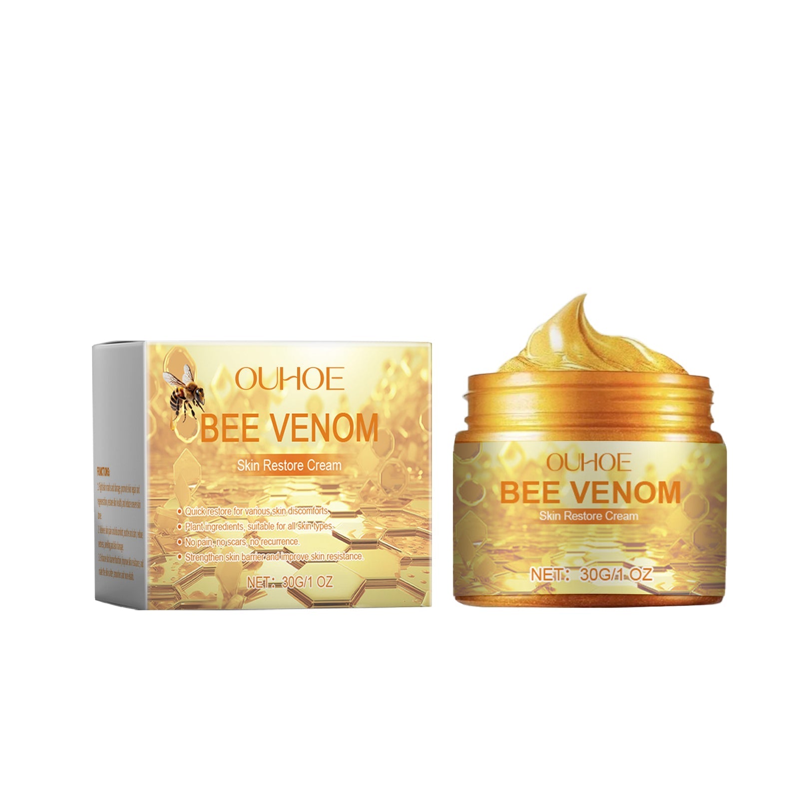 Product display showing Ouhoe Bee Venom Skin Restore Cream box and open glass jar with golden cream and glossy swirl