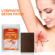 Woman with calm expression and open arm showing lymphatic system visualization with red vein overlay and product packaging with orange branding