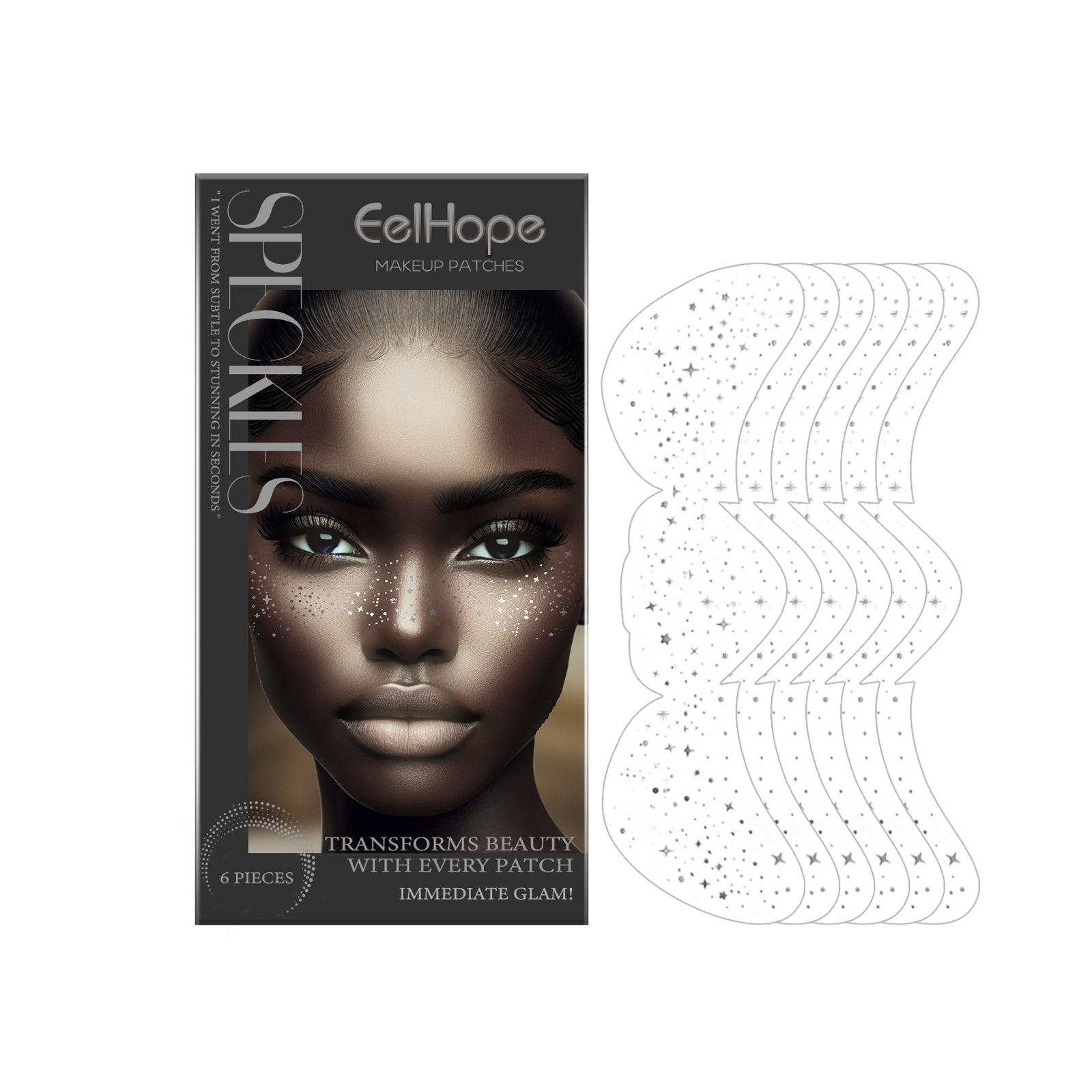 CellHope Spot Makeup Patches box packaging with 6-piece patches displayed showing wavy white patches with silver glitter speckles