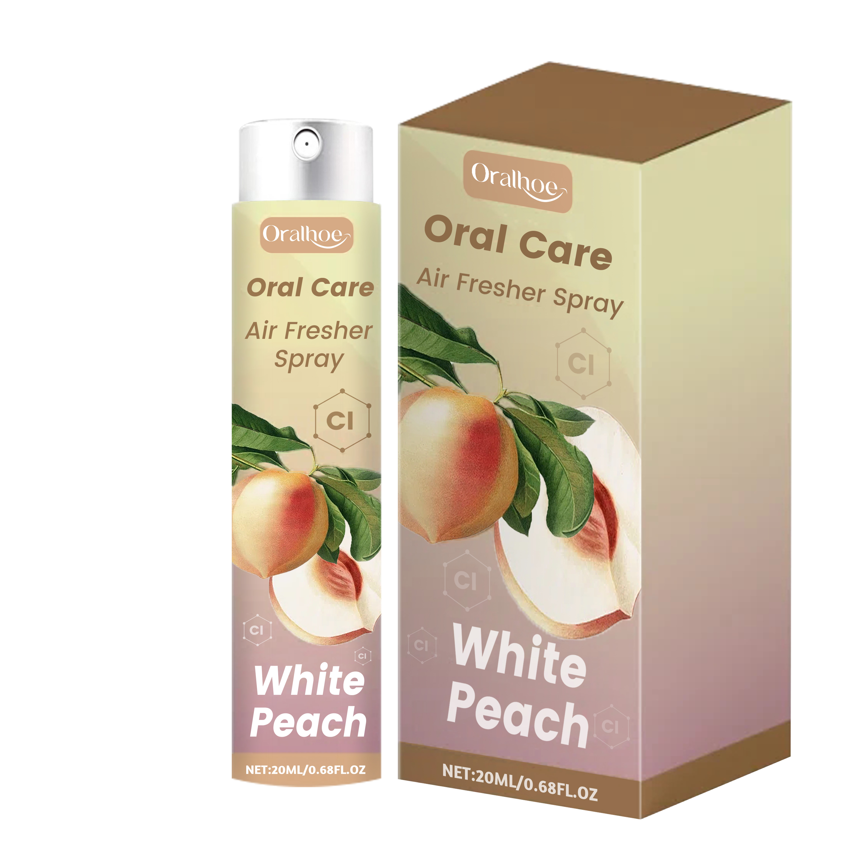 Product bottle and branded box side-by-side, White Peach variant with cream-to-mauve gradient packaging and white spray pump