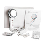 Unboxed product set showing main ultrasonic device, power adapter, cables, instruction manual, and storage accessories
