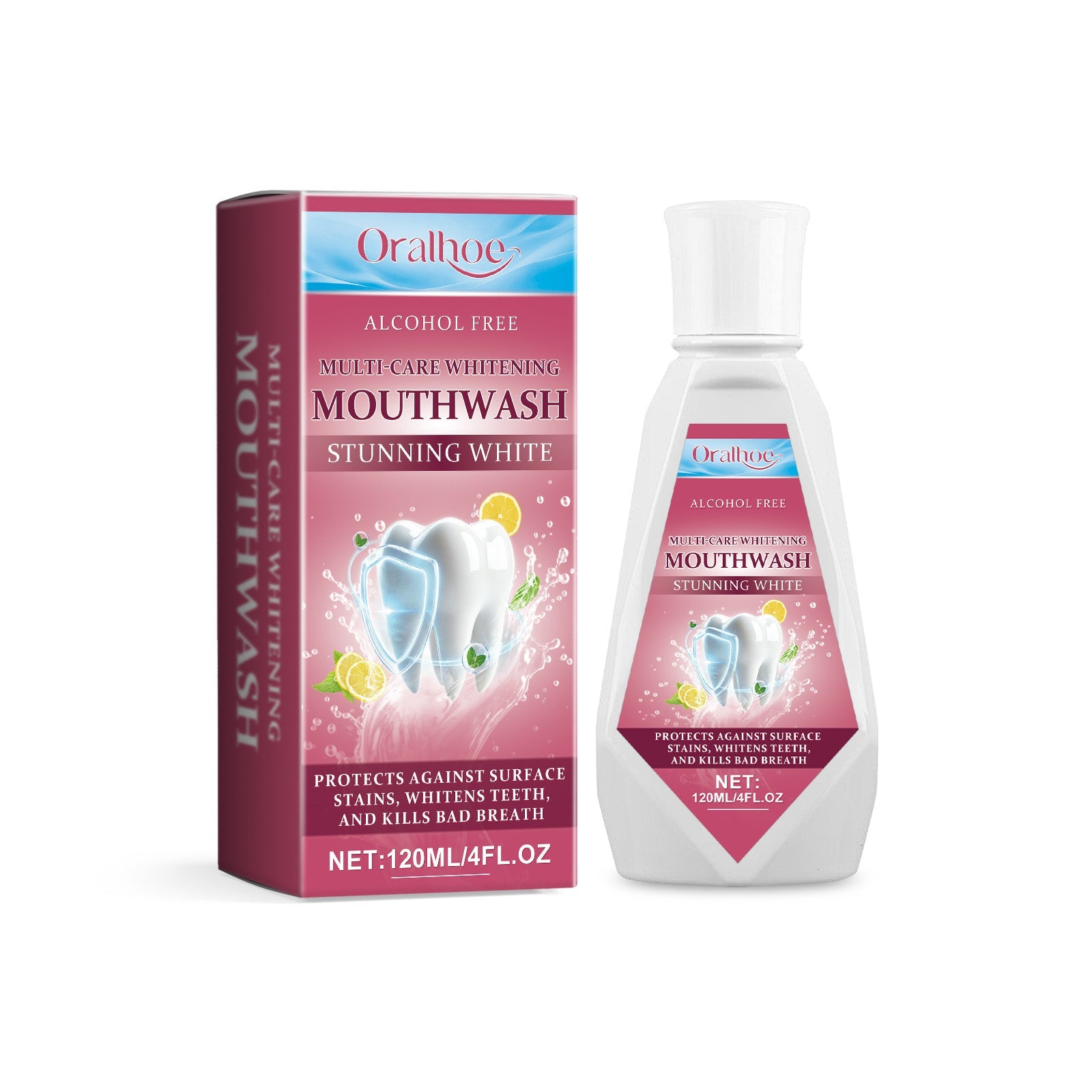 Product packaging and bottle displayed together against white background showing burgundy and pink branding with tooth illustration and ingredient visuals