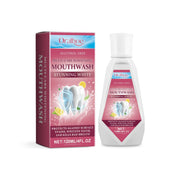 Product packaging and bottle displayed together against white background showing burgundy and pink branding with tooth illustration and ingredient visuals