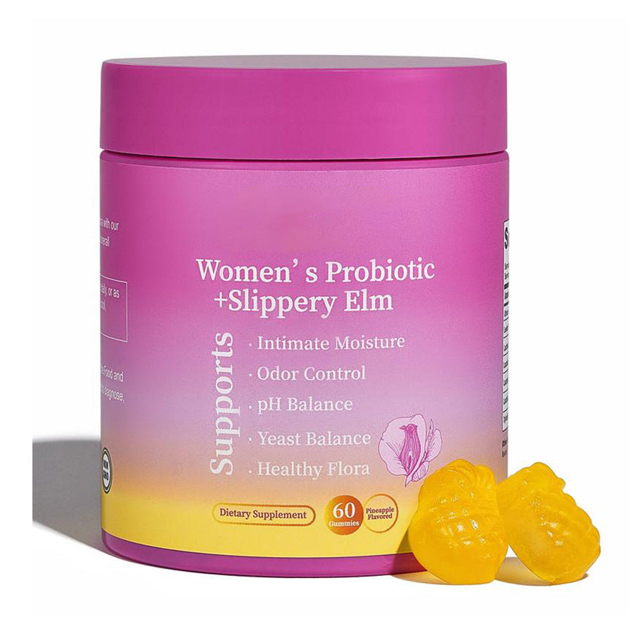 Women's Probiotic + Slippery Elm gummy jar with magenta-to-yellow gradient packaging displayed with lemon-flavored gummies