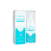 Product shot showing OUHOE Teeth Whitening Mousse 50ML bottle with white pump dispenser and turquoise gradient box packaging displayed together