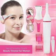 Woman demonstrating eyebrow trimming with product, showing three usage areas (Face, Bikini, Underarm) circled, all components displayed on pink gradient background
