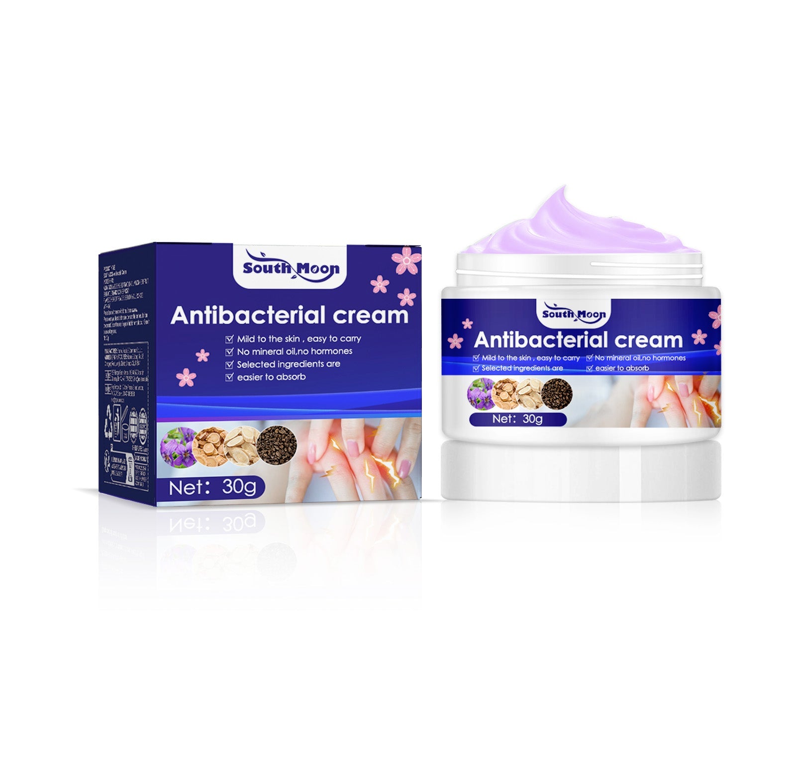 South Moon Antibacterial Cream packaging and jar displayed side-by-side with product visible inside—navy box with pink flowers, white jar with lavender-tinted cream swirl, 30g net weight clearly shown