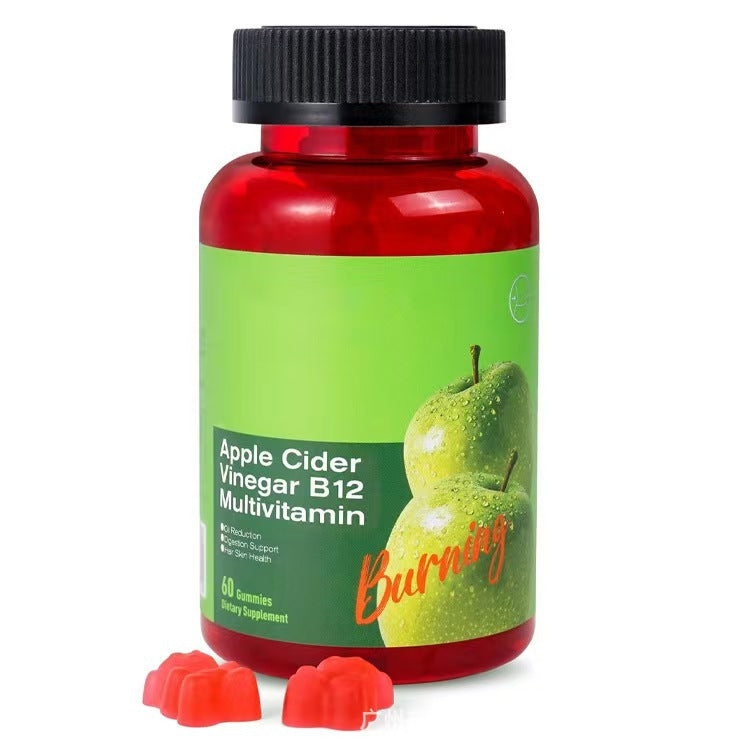 Apple Cider Vinegar B12 Multivitamin gummy bottle with two gummies displayed in front