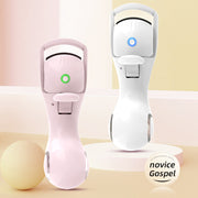 Two electric eyelash curlers in soft pink and white shown with brand badge 'novice Gospel' against pastel background