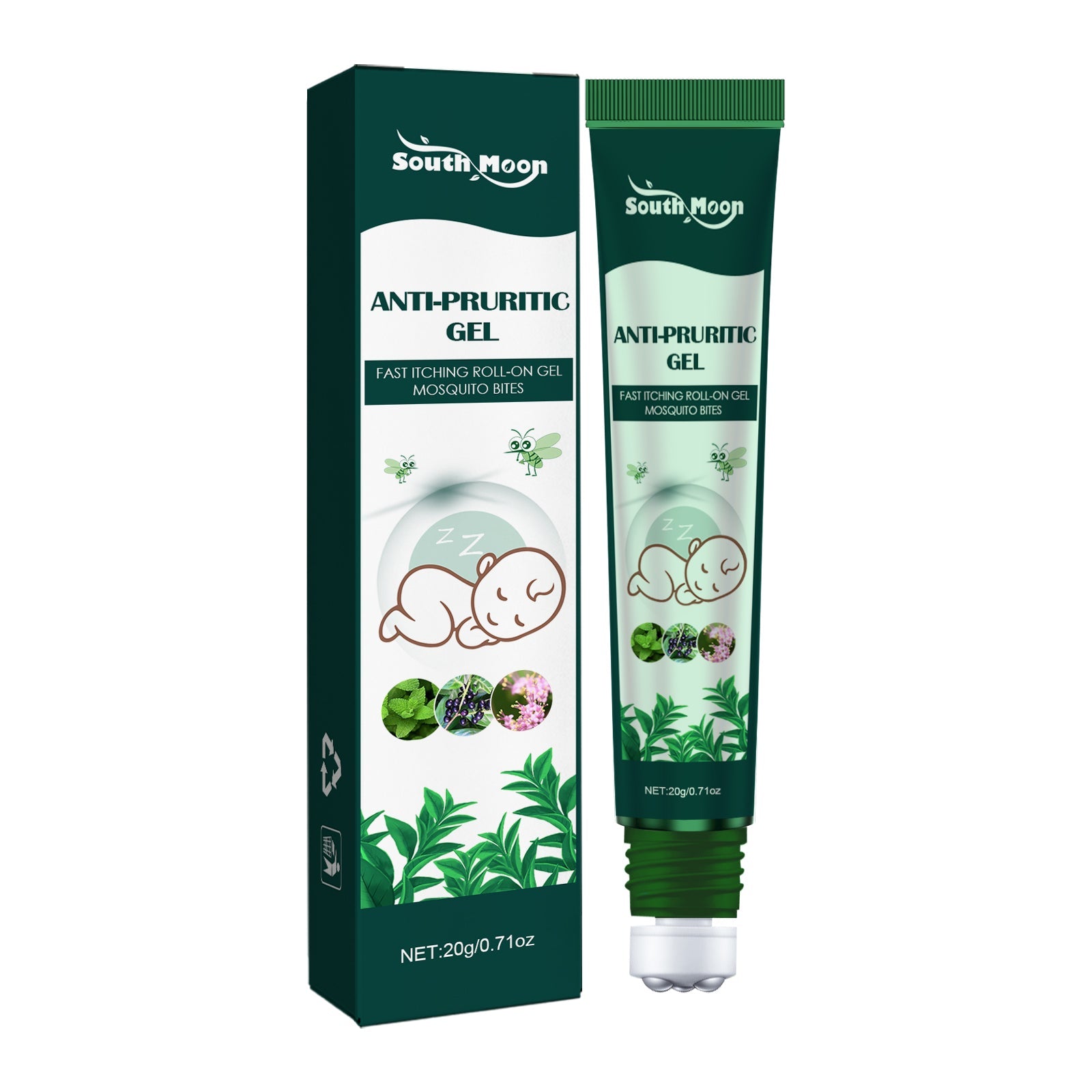 Product packaging shot showing South Moon Anti-Pruritic Gel box and tube with roller applicator against white background