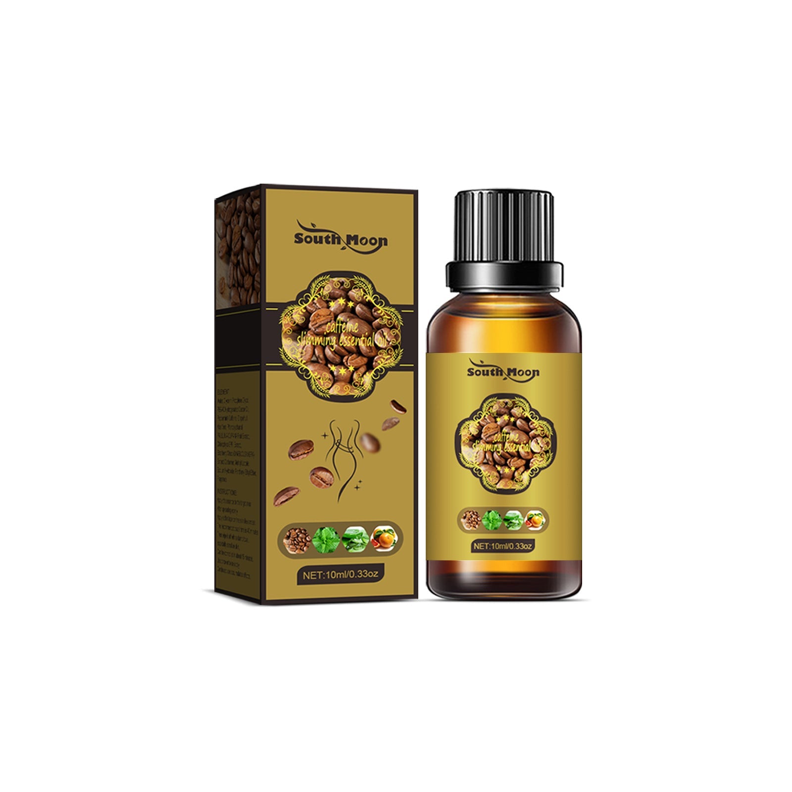 South Moon Caffeine Slimming Essential Oil product shot with packaging box and amber glass bottle with striped cap against white background