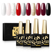 Ten gel polish bottles displaying full color range from white to black with gold glitter, ruby red, and burgundy shades with gold caps and black packaging box