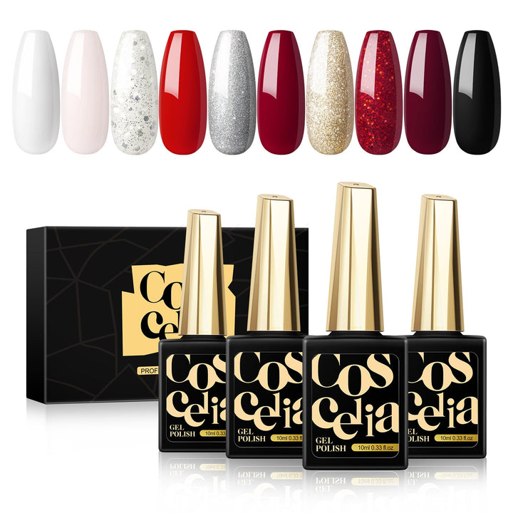Gel Nail Polish Set — Cherry Red & Gold Glitter, 11-Free