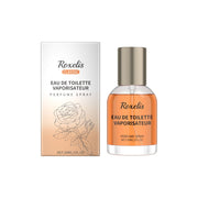 Product packaging box and glass perfume bottle with amber liquid, gold cap, and Roxelis Classic branding displayed side by side