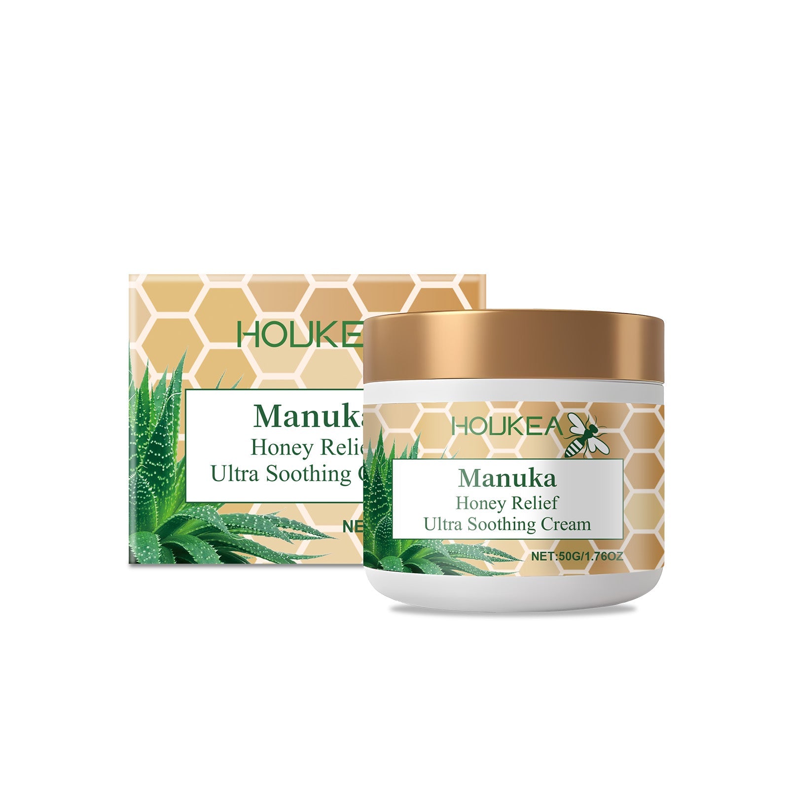 Product shot with packaging and jar of Houkea Manuka Honey Relief Ultra Soothing Cream against white background