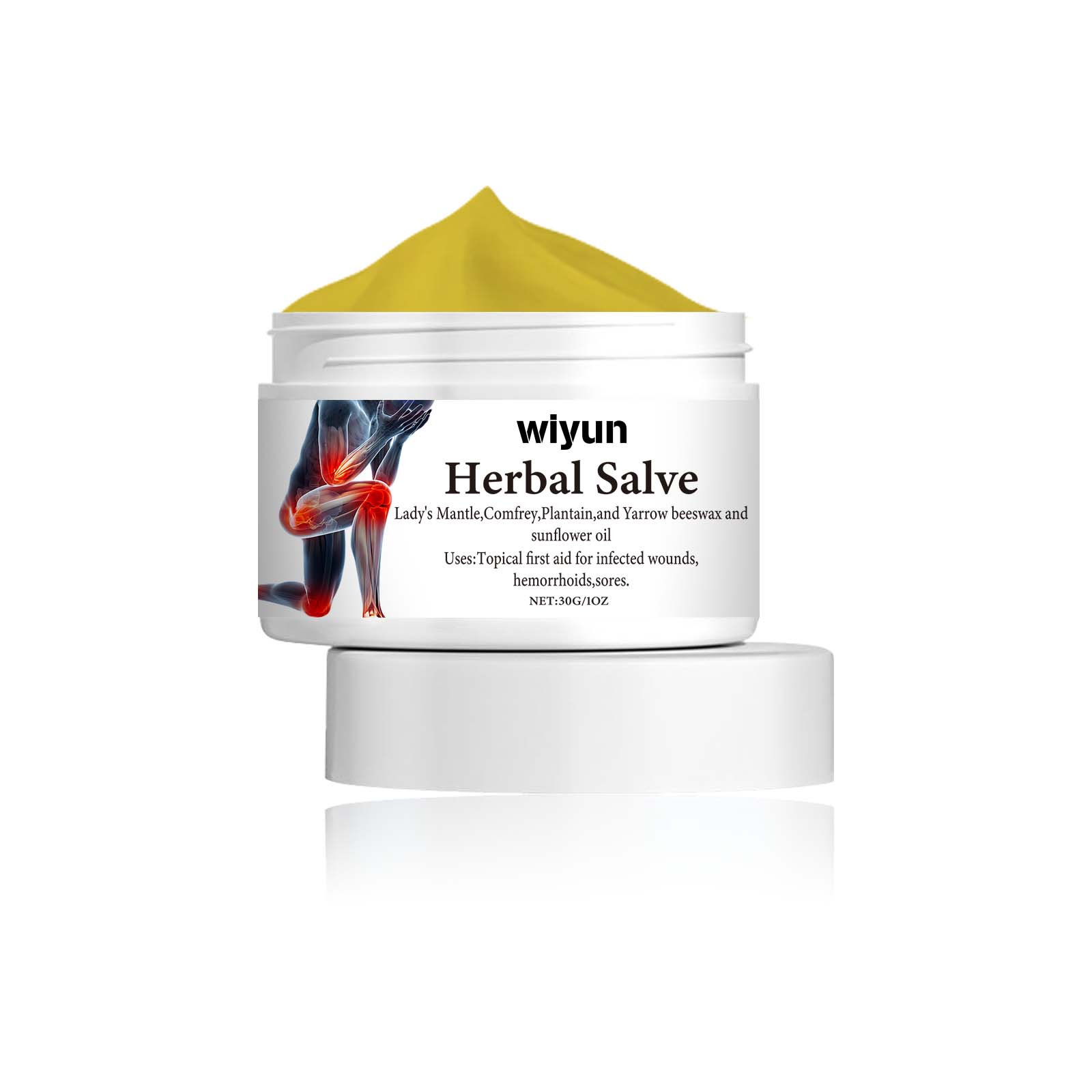 Wiyun Herbal Salve in white frosted glass jar with gold cap and yellow salve visible, centered against white background with reflection