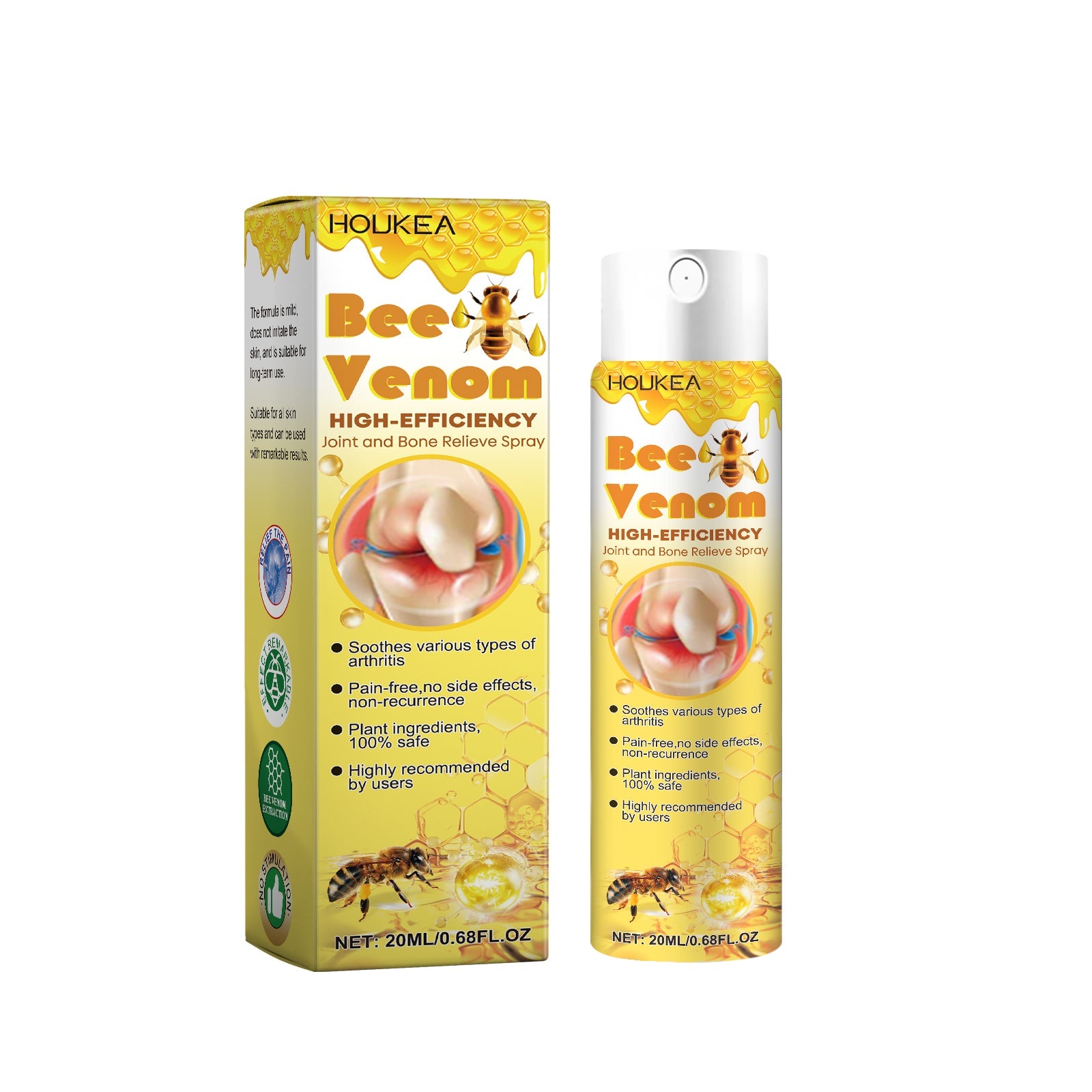 Bee Venom spray bottle and honeycomb-pattern box displayed side-by-side with product claims listed