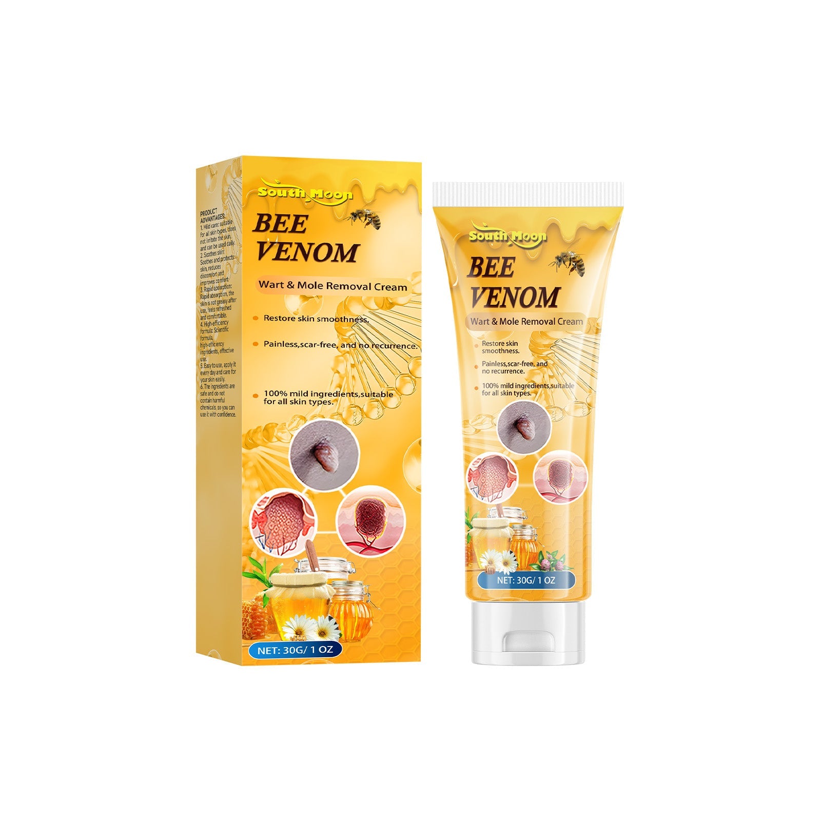 South Moon Bee Venom Wart & Mole Removal Cream packaging and product tube displayed together