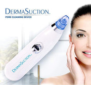 DermaSuction device applied to woman's cheek demonstrating on-skin usage with clear before-and-after visual of skin clarity improvement