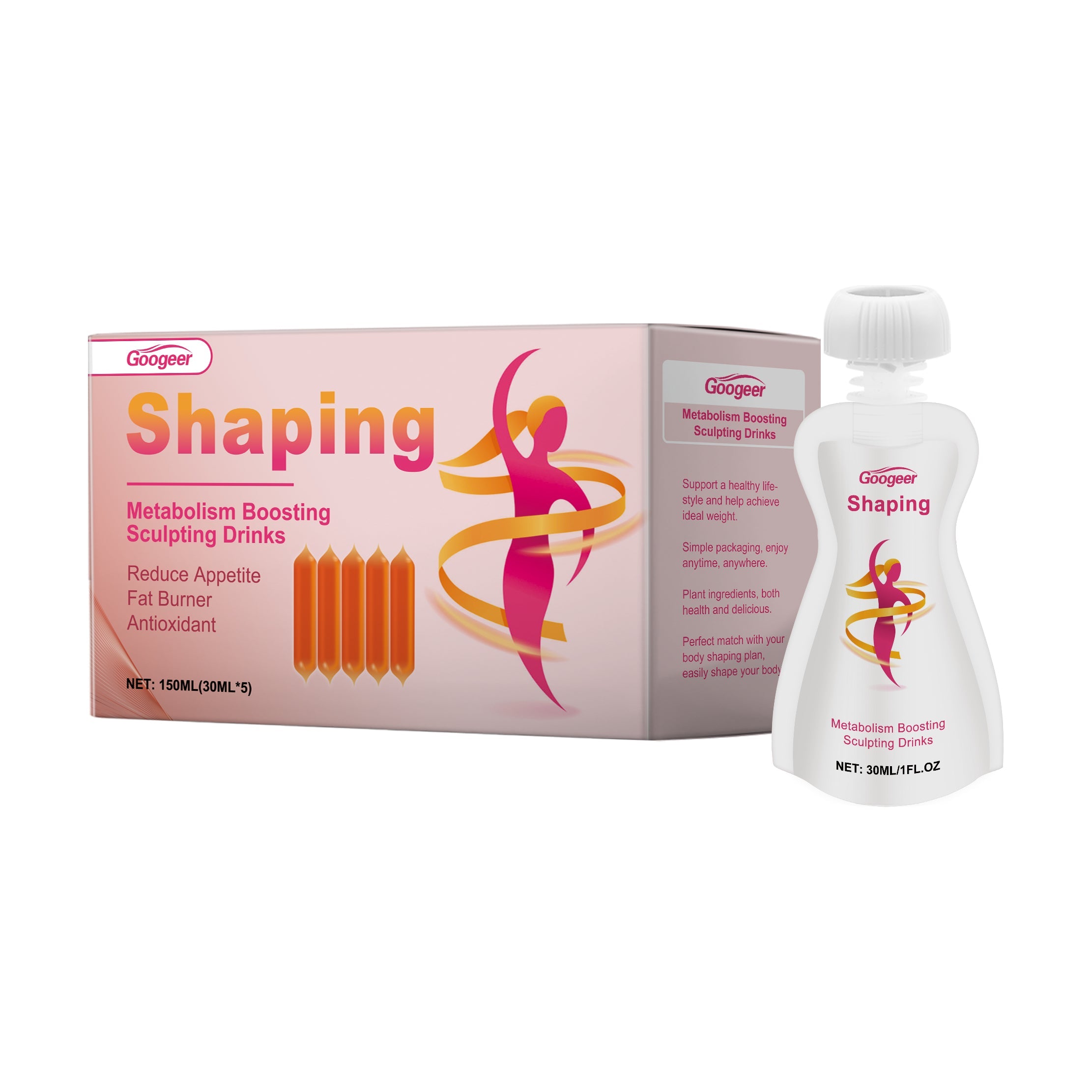 Googeer Shaping pink box with orange female silhouette wrapped in ribbon, alongside white spout pouch with magenta branding
