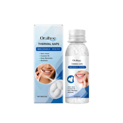 Oralhoe Thermal Gaps moldable teeth product showing packaging box and clear bottle with white thermal powder and molded sample teeth