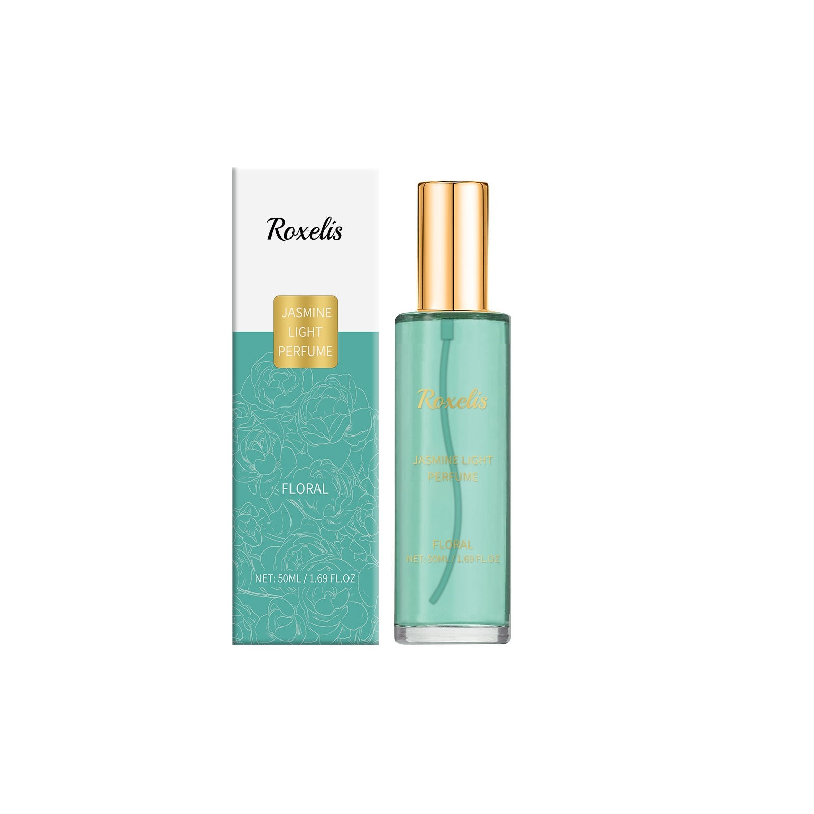 Roxelis Jasmine Light Perfume bottle with packaging on white background showing product from front angle