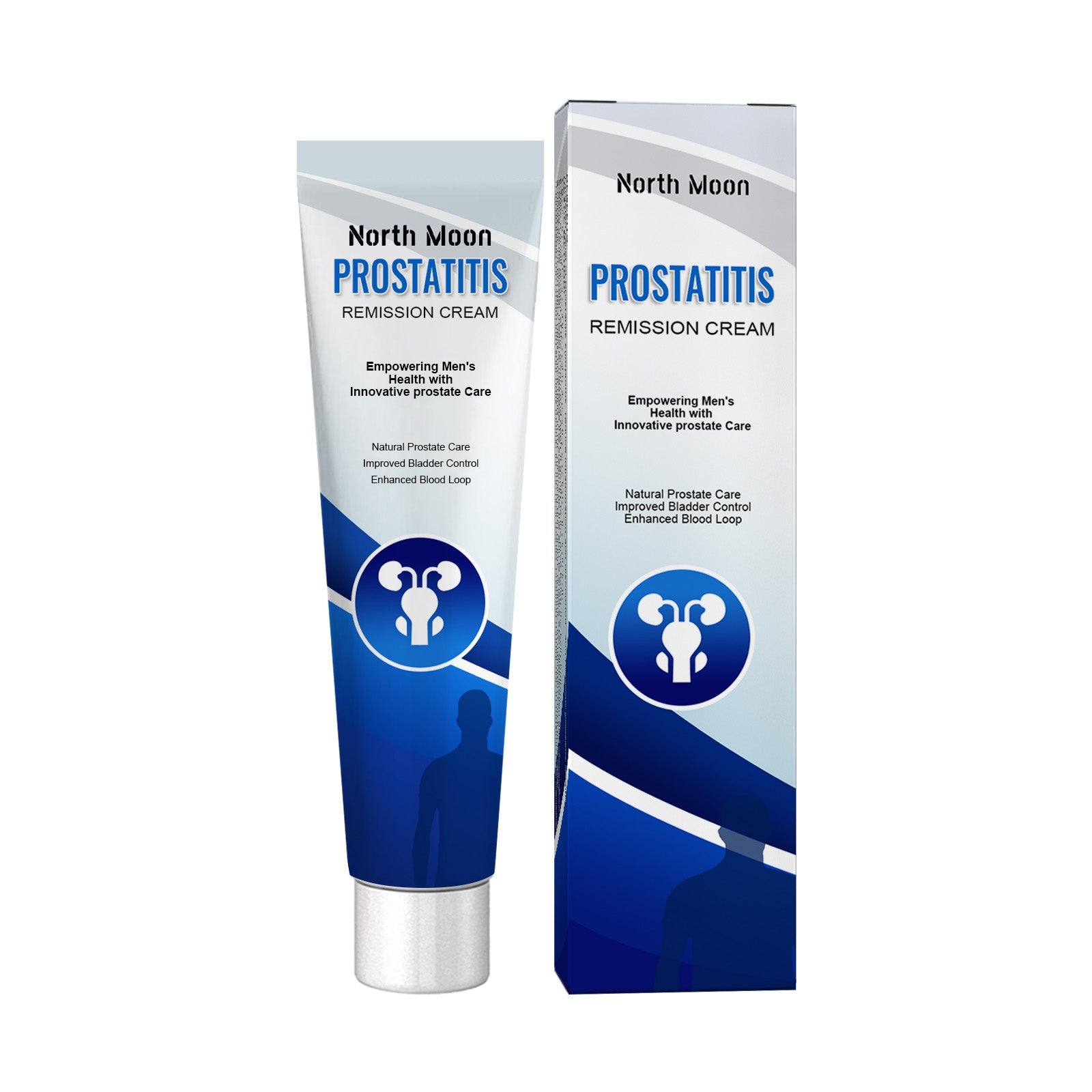Product tube and box displayed side-by-side showing North Moon Prostatitis Remission Cream packaging with kidney logo and brand messaging