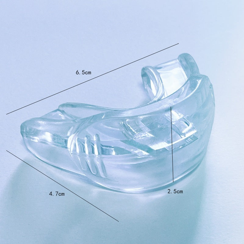 Side-angle view of clear guard showing curved mouthpiece and internal grip ridges