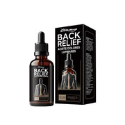 Product shot of amber glass bottle with black pump dropper and black packaging box with anatomical spine illustration