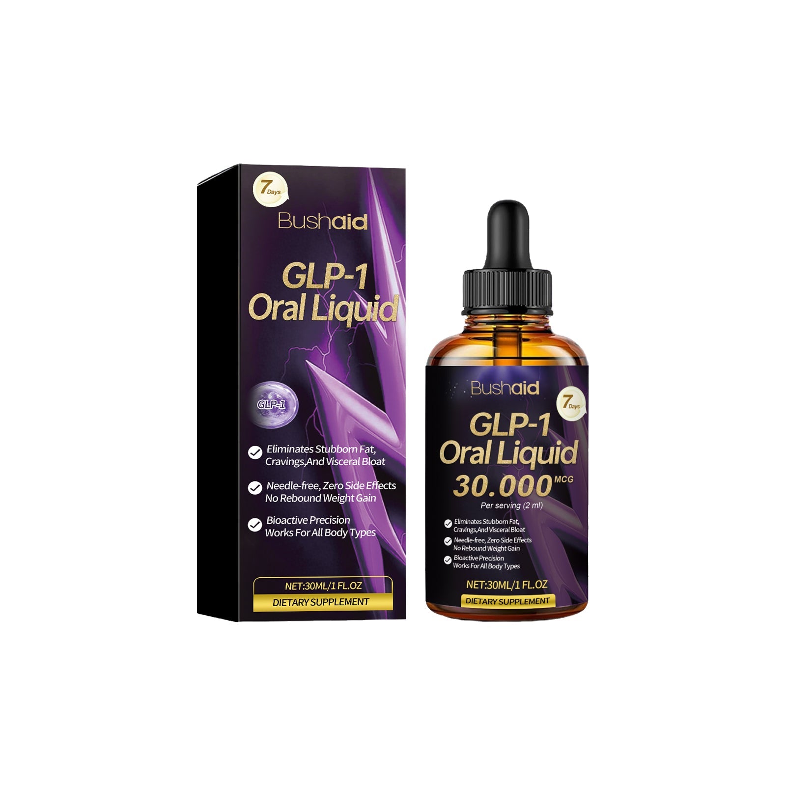 Product packaging box and amber glass dropper bottle displayed side-by-side against white background