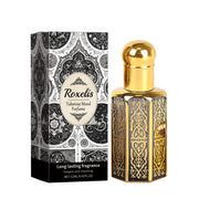 Roxelis Tuberose Mood Perfume bottle and ornate black/white damask packaging displayed side-by-side