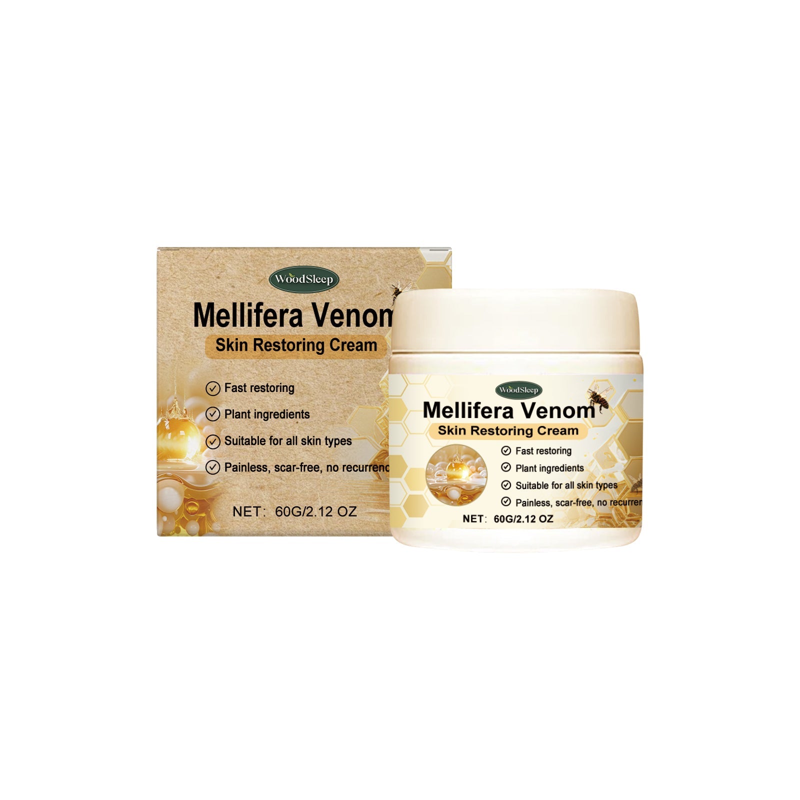 WoodSleep Bee Venom Skin Restoring Cream jar with carton box on white background