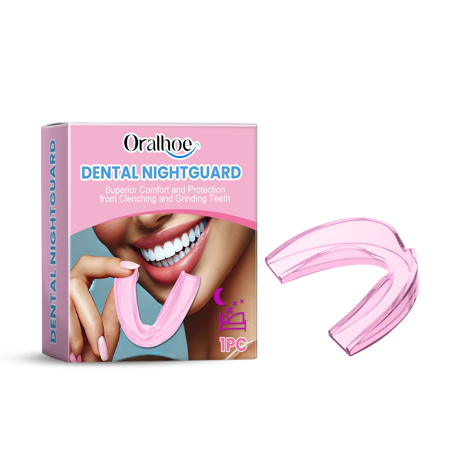 Oralhoe Dental Nightguard box with pink packaging and product mouthguard displayed
