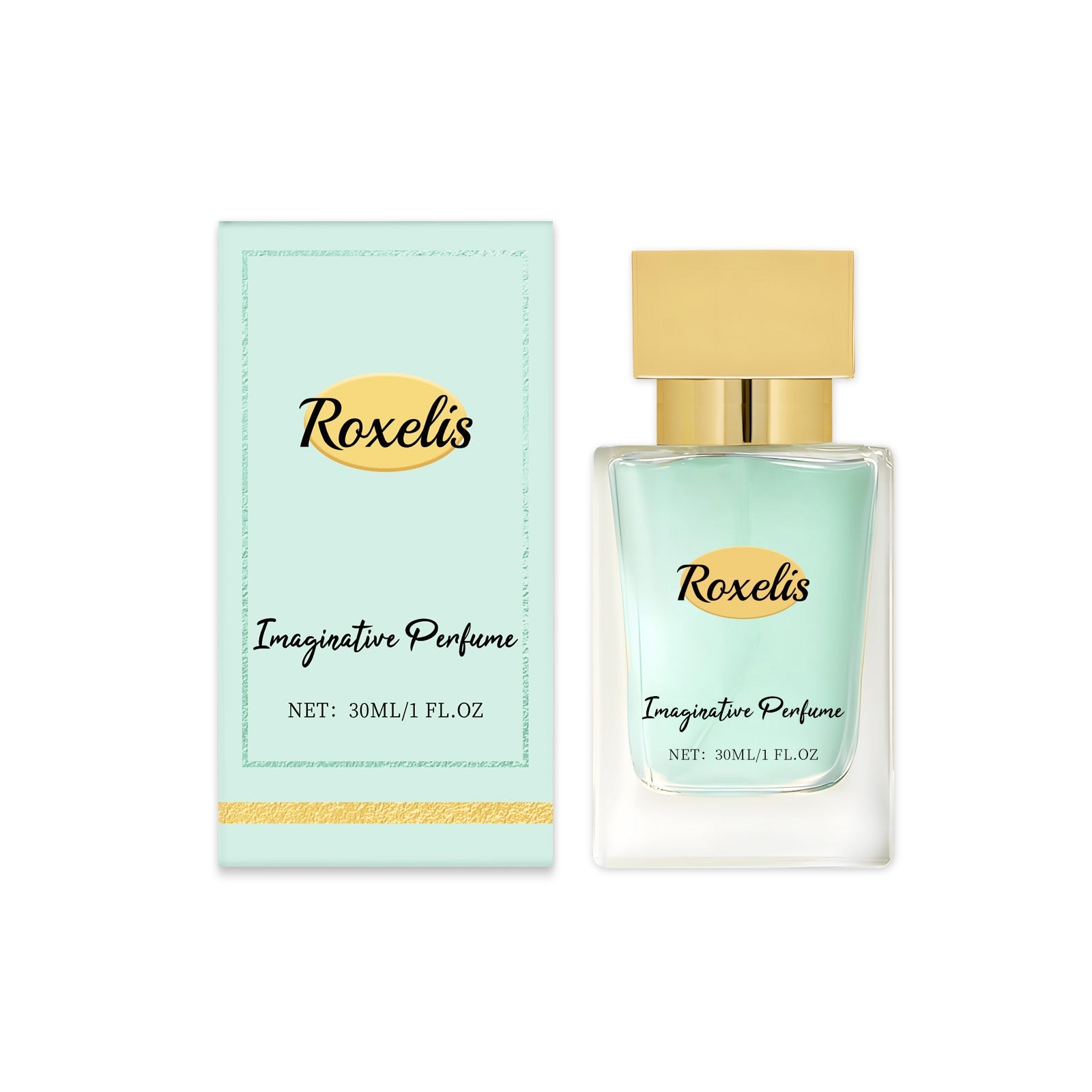 Roxelis Imaginative Perfume 30ML bottle with mint-green liquid and gold cap shown with matching packaging box featuring gold foil accent