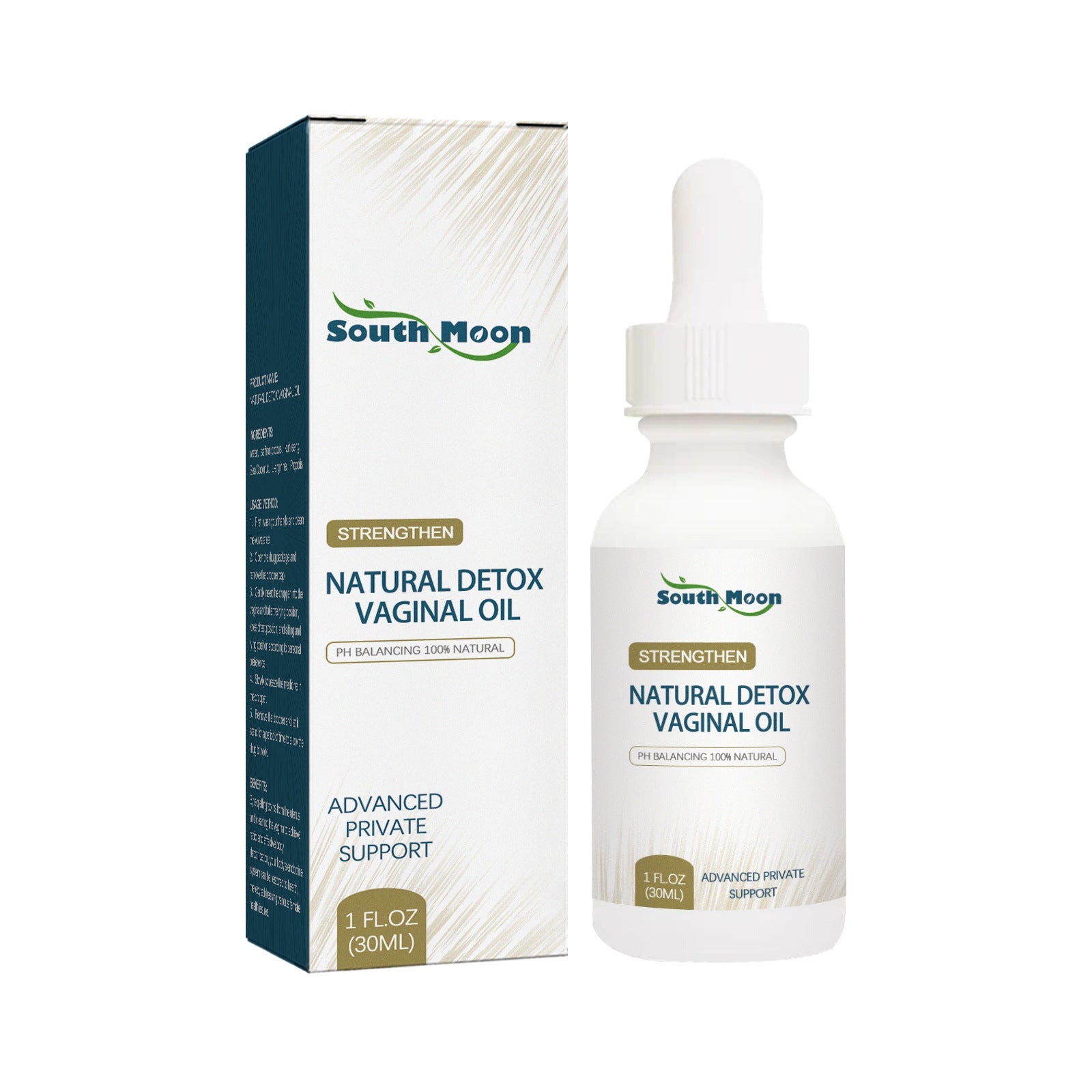 Product shot of South Moon Natural Detox Vaginal Oil showing packaging box and white glass dropper bottle with gold details