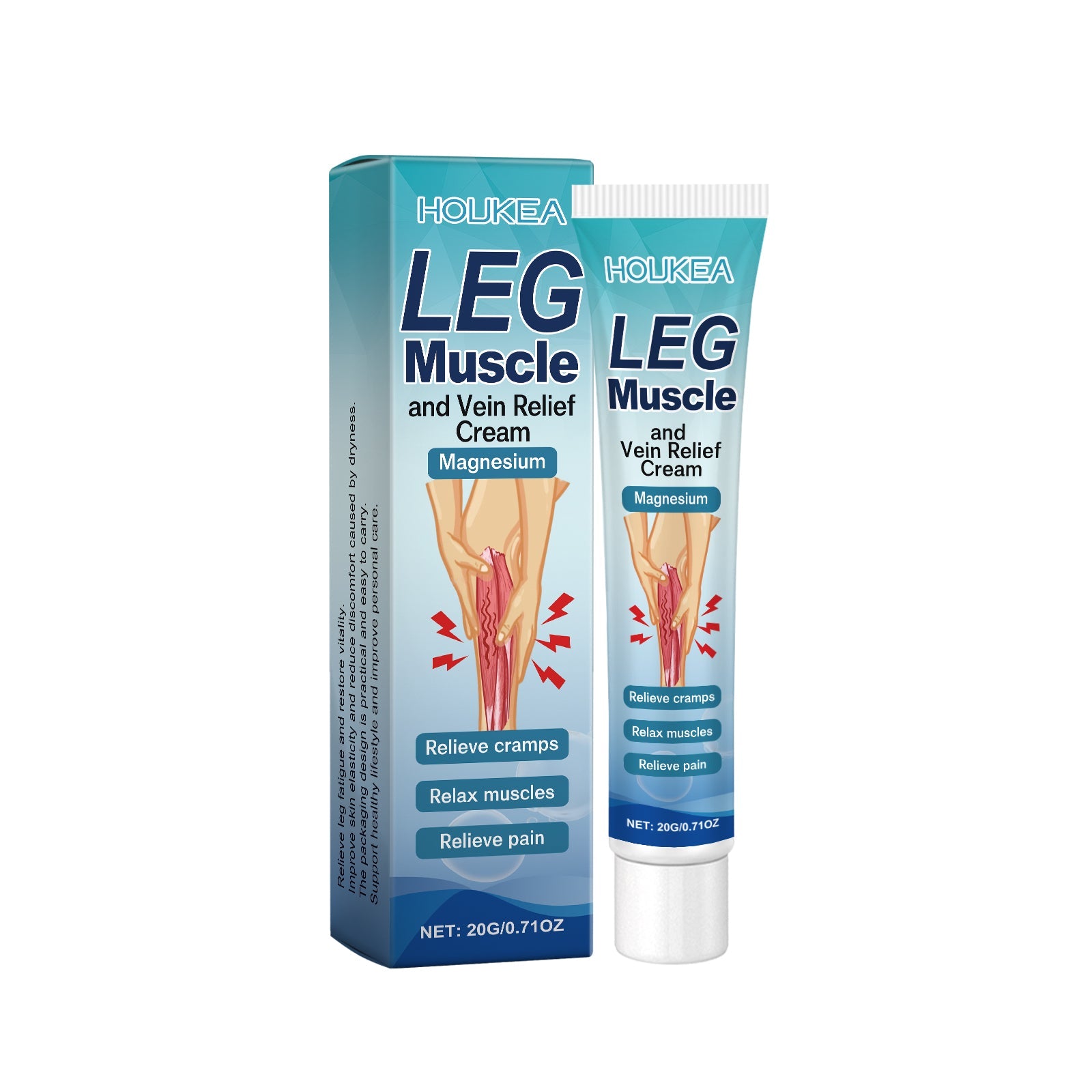 HOUKEA Leg Muscle and Vein Relief Cream with box and tube displayed against white background