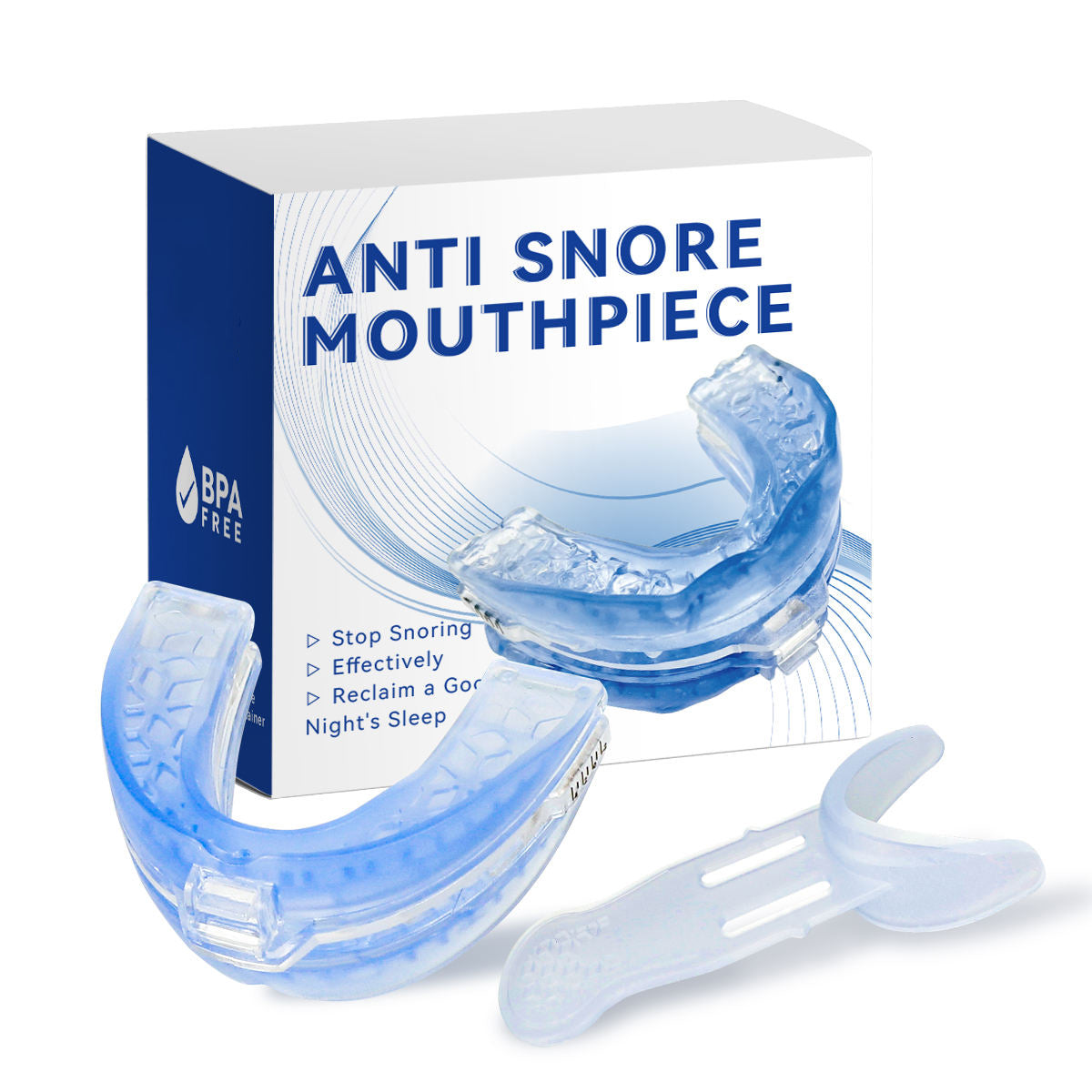 Product packaging and three mouthpieces displayed with adjustment tool