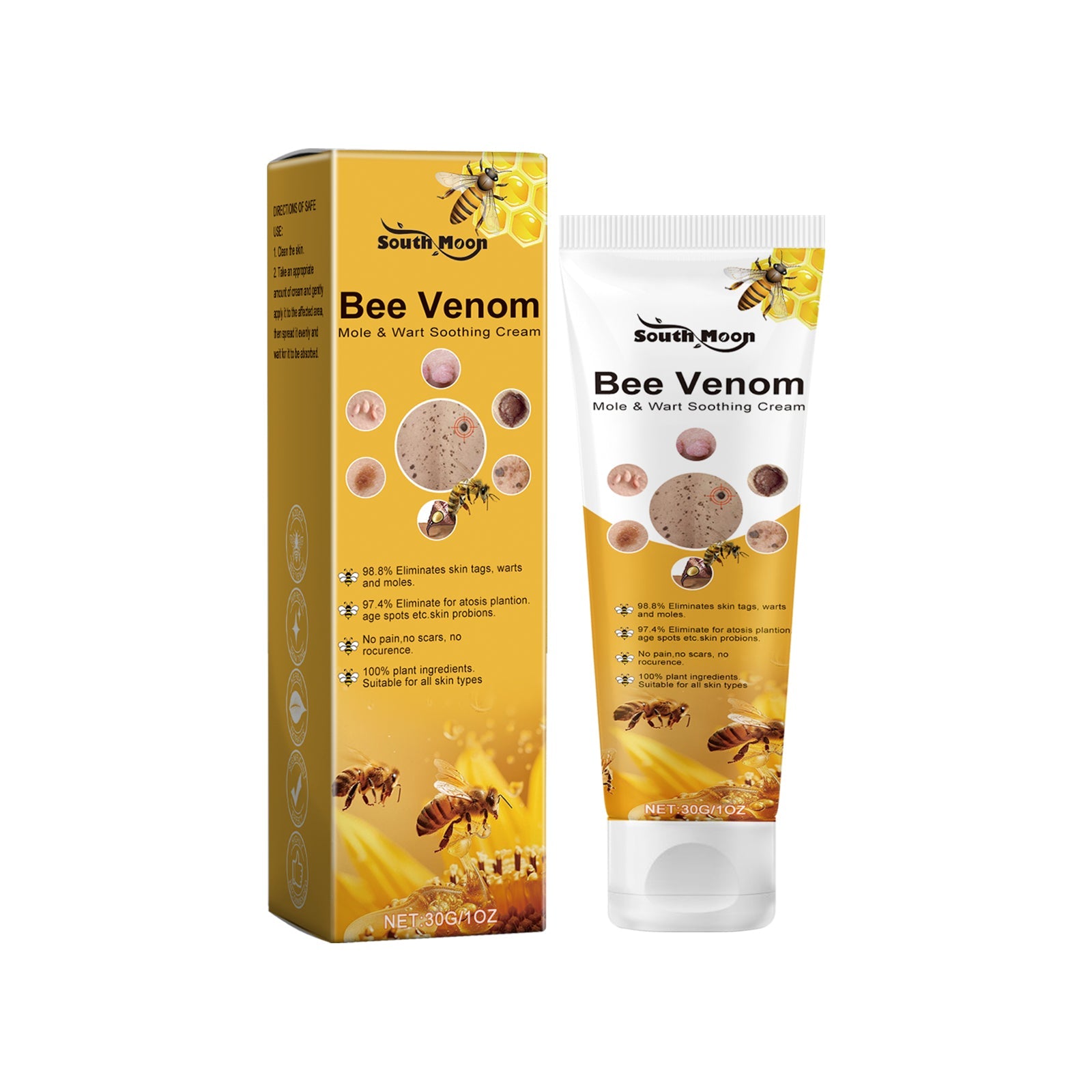 South Moon Bee Venom cream in box and tube form against white background showing product design and packaging
