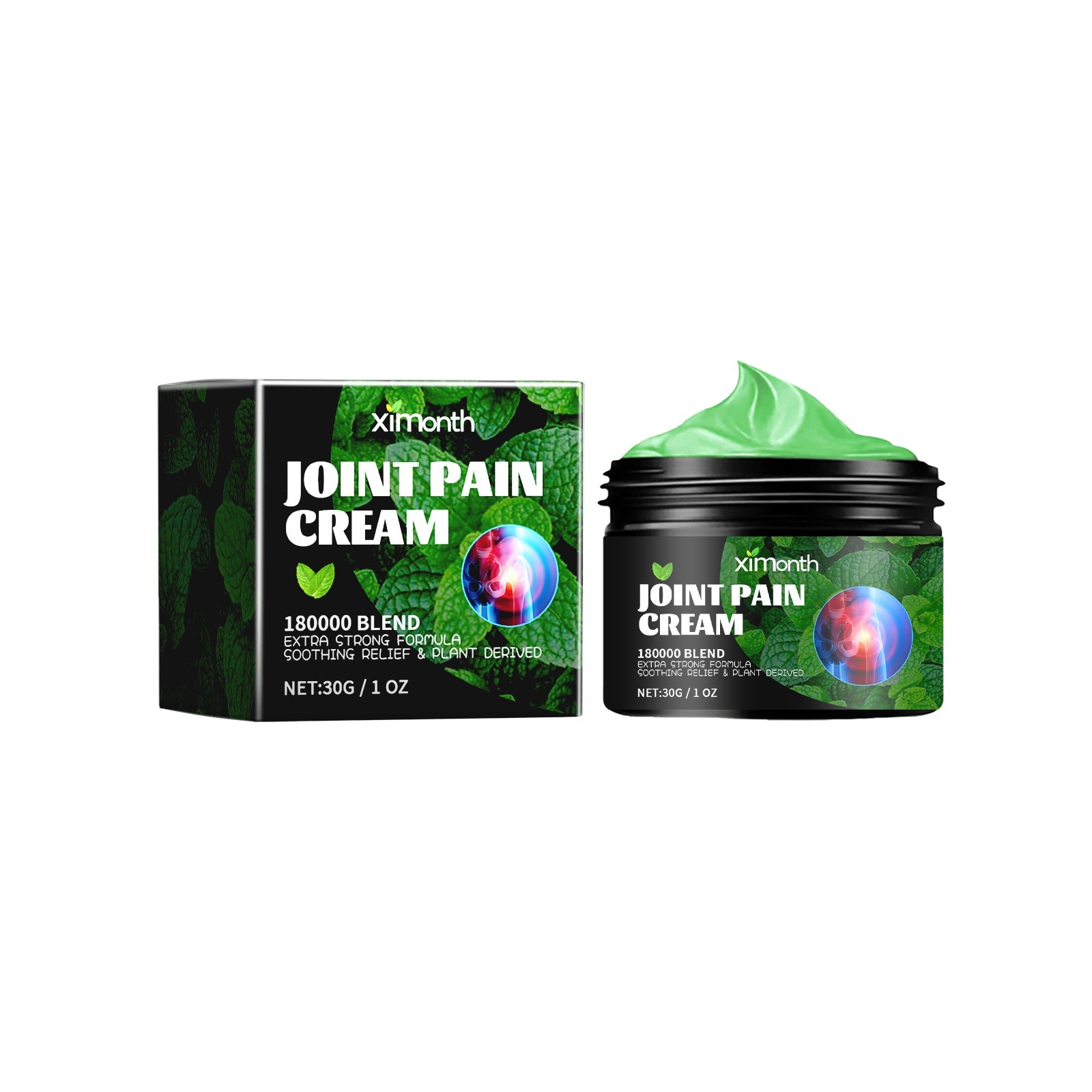 Product packaging and jar side-by-side showing black box with green leaf motifs and bright joint illustration, paired with open black jar revealing vibrant green cream